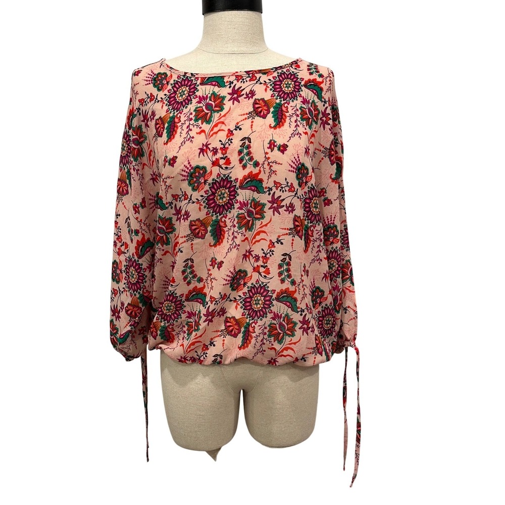 Mello Day‎ Pink Floral Boat Neck Bubble Hem Blouse Tie Sleeve Small CKT172379-TM